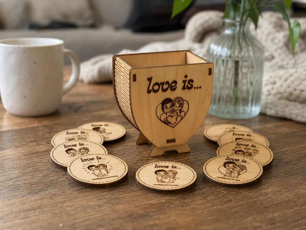 Ensemble de sous-verres en bois avec support motif Love