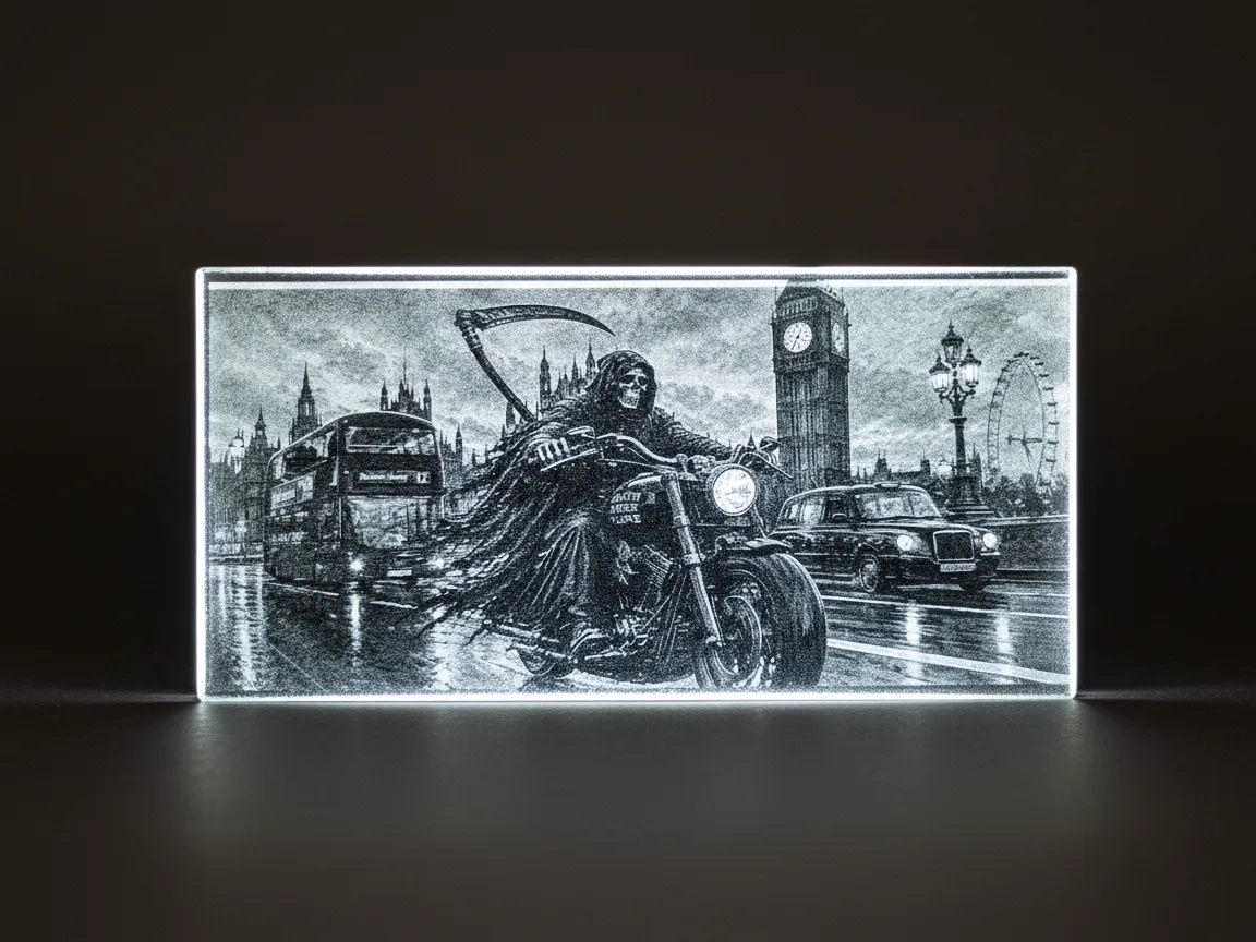 Grim Reaper Riding Motorcycle in London Illuminated Glass Art