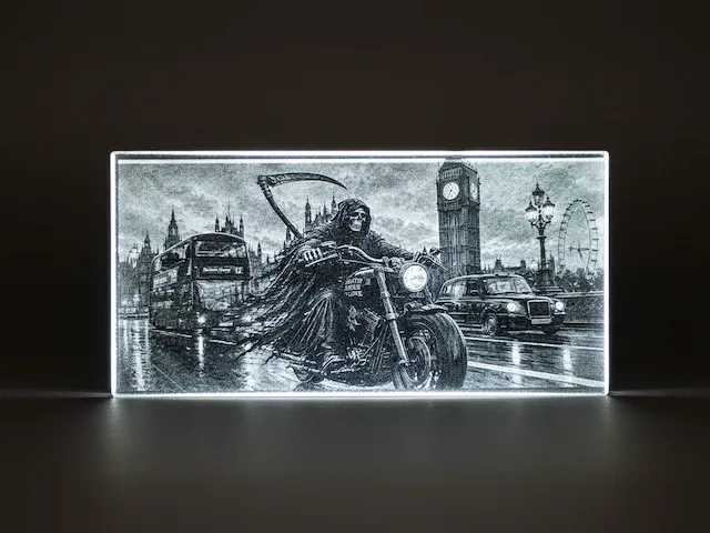 Grim Reaper Riding Motorcycle in London Illuminated Glass Art