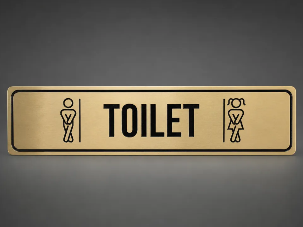 Gold Metal Restroom Sign with Toilet Text and Gender Icons