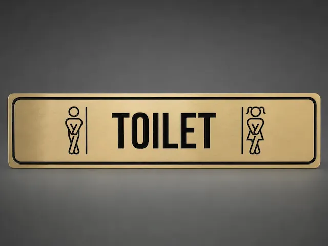 Gold Metal Restroom Sign with Toilet Text and Gender Icons