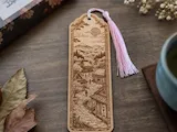 [Laser cut and engrave] Marque-page en bois avec paysage traditionnel japonais et pompon rose
