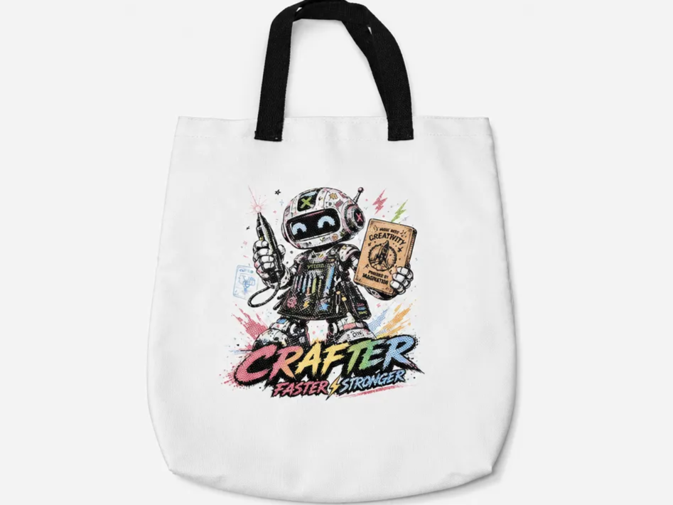 Tote bag avec illustration de robot 🤖 Crafter – Faster. Stronger. More Creative.