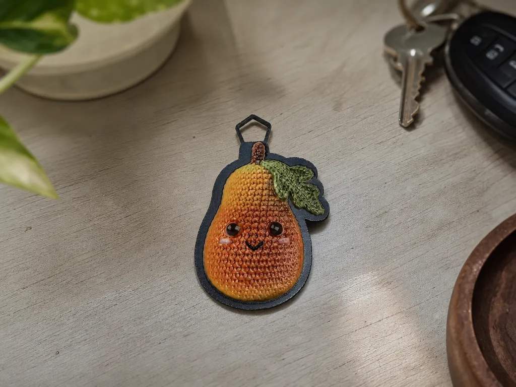 Cute crochet stitched Papaya Keychain - Laser Cut & UV Printed