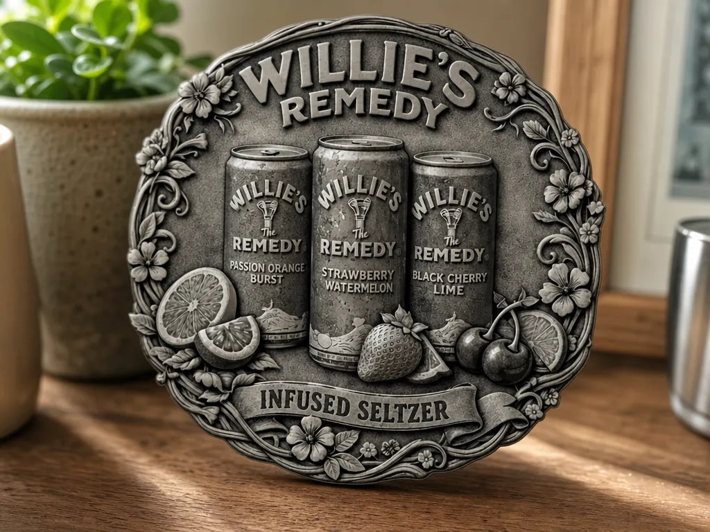 Embossed metal design for Willie's Remedy infused seltzer, usable as a coaster or wall plaque