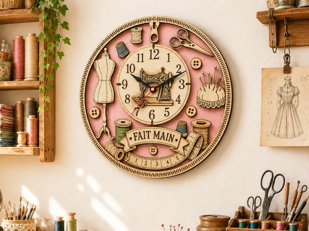 Horloge murale ronde sur le thème de la couture avec motifs d'accessoires