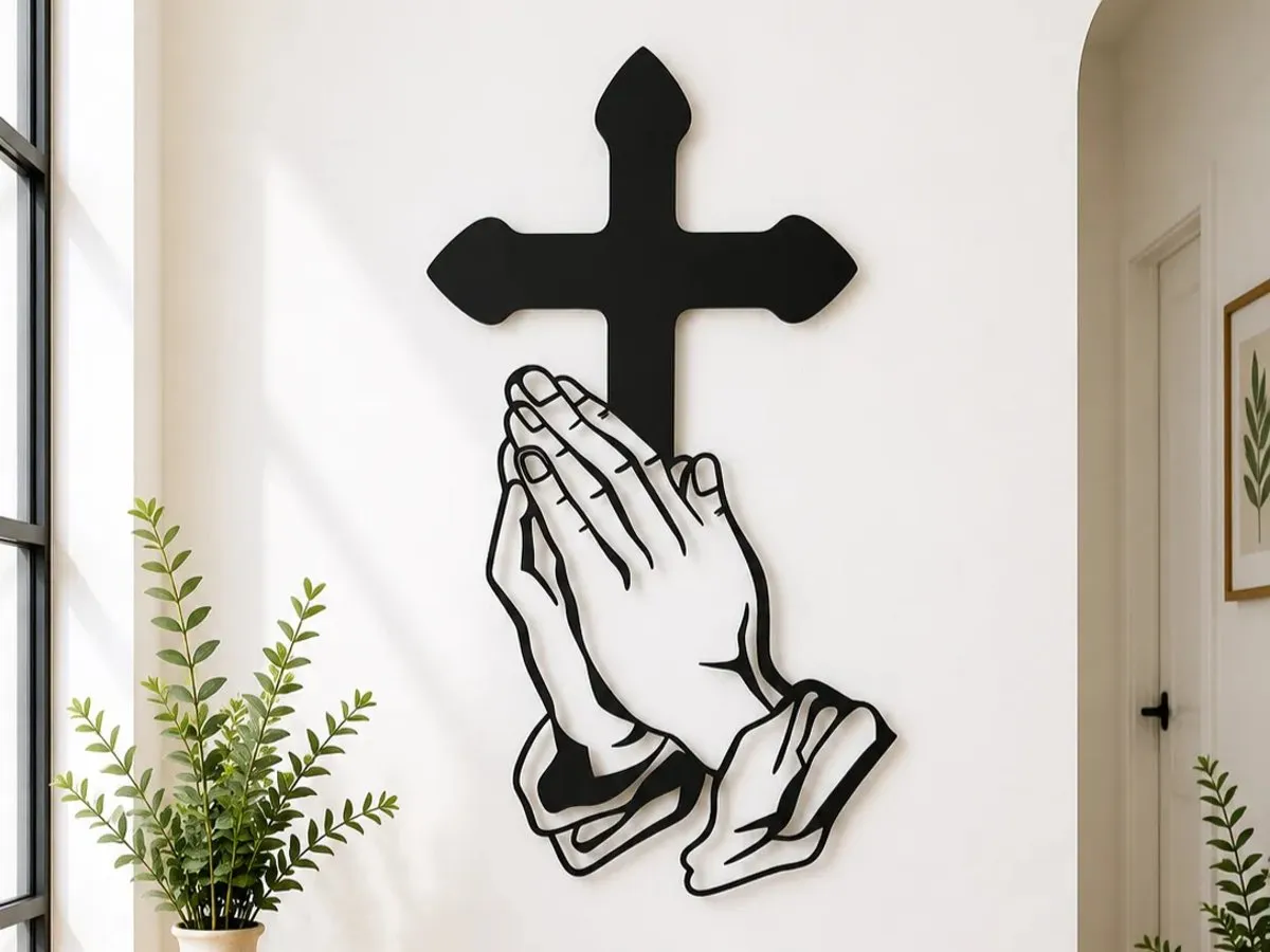 [Laser cut and engrave] Praying Hands with Cross Wall Art