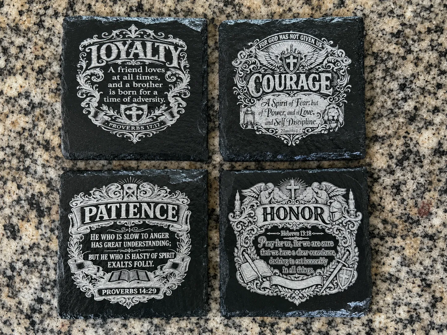 Set of Four Slate Coasters Featuring Inspirational Bible Verses for Loyalty, Courage, Patience and Honor