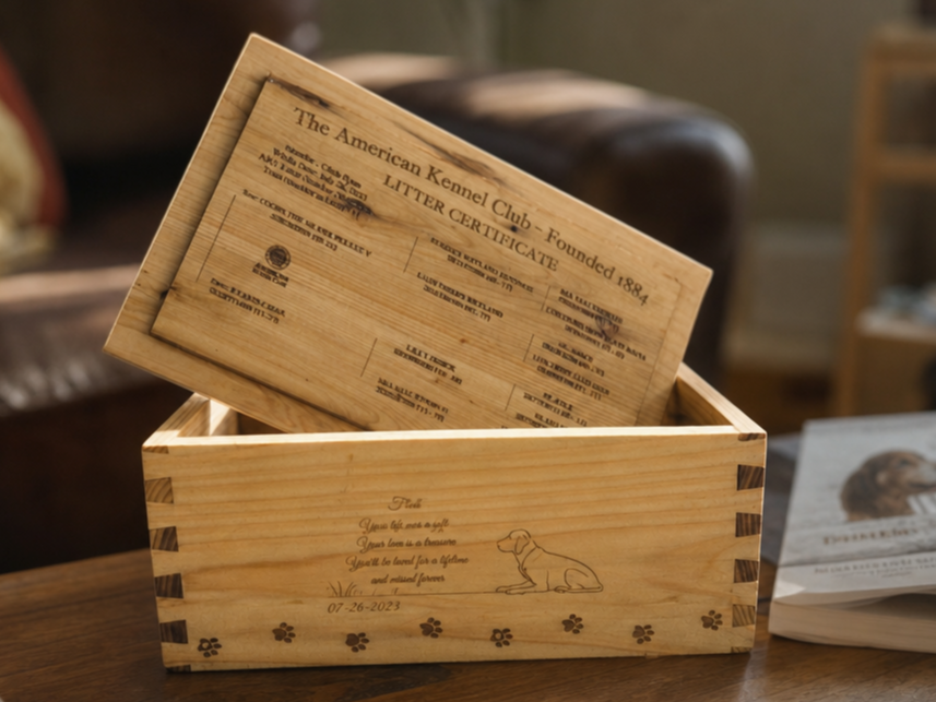 Wooden Pet Memorial Keepsake Box with Dog Motif laser engraved pet portrait idea