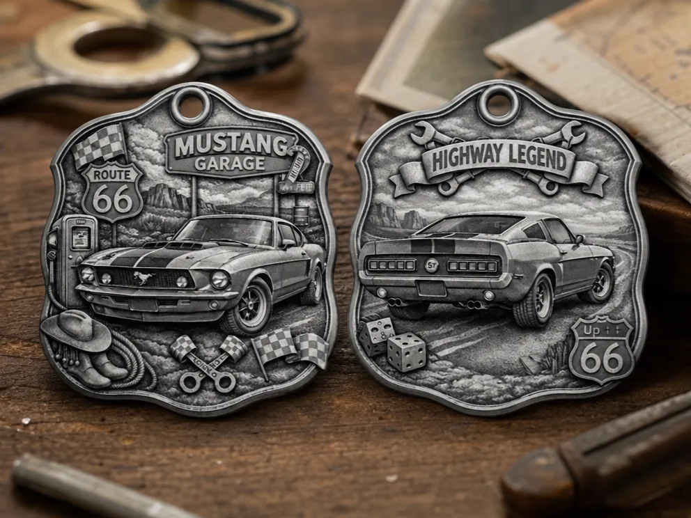 Mustang Garage & Highway Legend Route 66 Metal Keychain keychain design