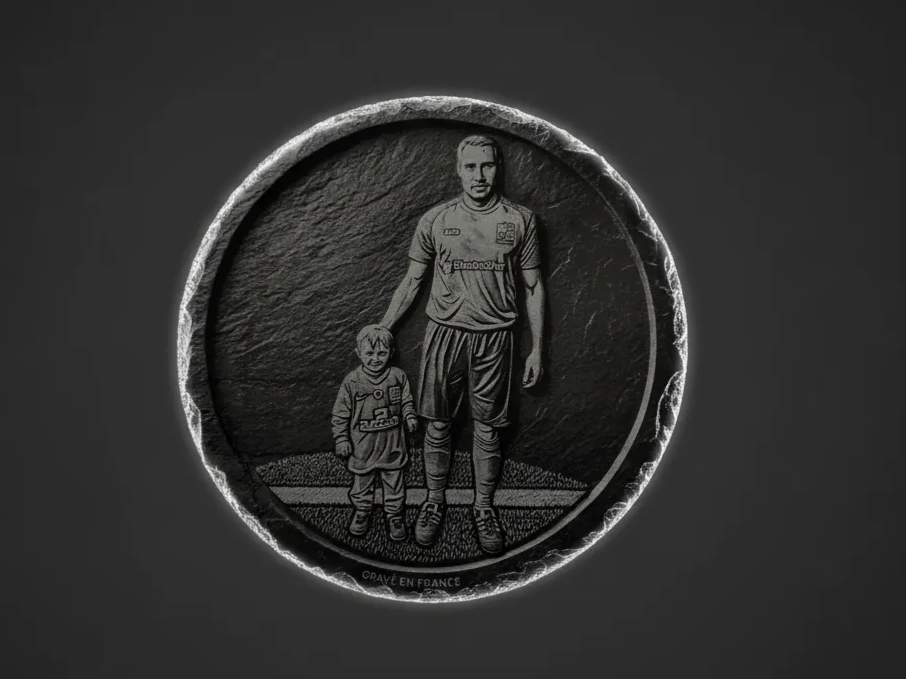 Plaque en ardoise effet 3d ronde avec portrait de mon frere et mon neveu