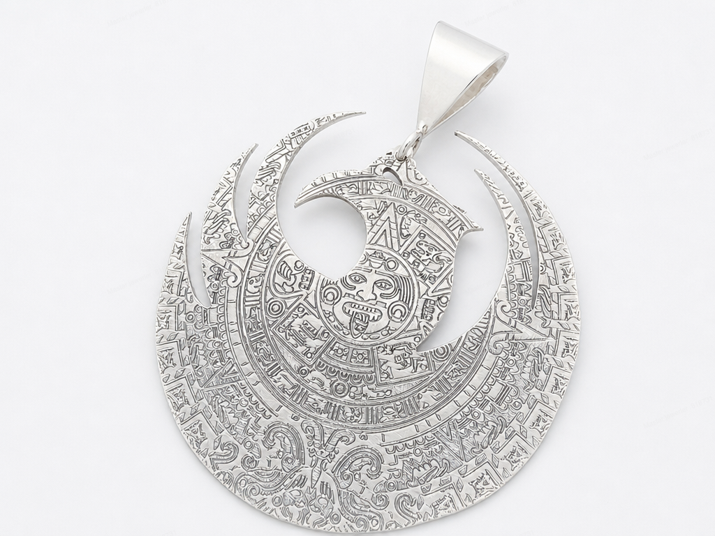 phoenix bird with aztec calendar engraved in silver 925