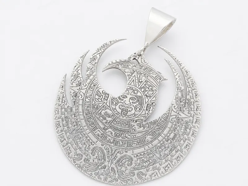 phoenix bird with aztec calendar engraved in silver 925
