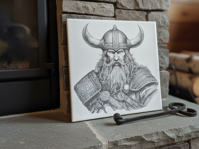 Ceramic Tile Featuring Detailed Viking Warrior Illustration