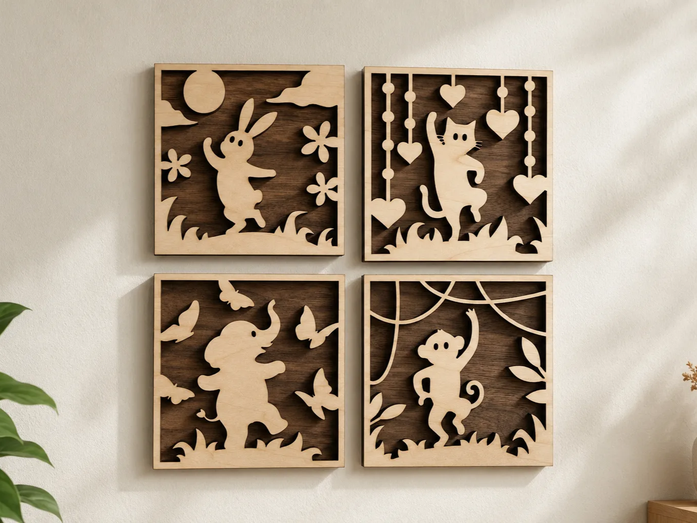 Set of Four Square Animal Wall Art Panels with Rabbit Cat Elephant and Monkey