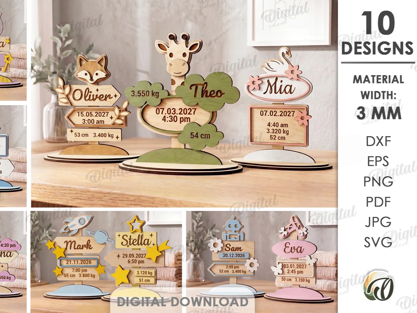 3D Personalized Baby Birth Stats Stands Bundle. Nursery Keepsake Sign Laser Cut Files. Newborn Announcement Display Plaque SVG. Cute animals