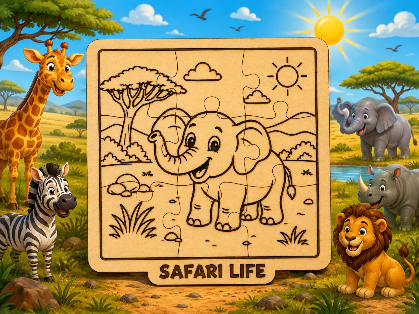 Safari Adventure Elephant Puzzle | Wooden Montessori Animal Jigsaw | DIY Paint and Play Activity | Laser Cut Educational Toy | Cute Wildlife Design