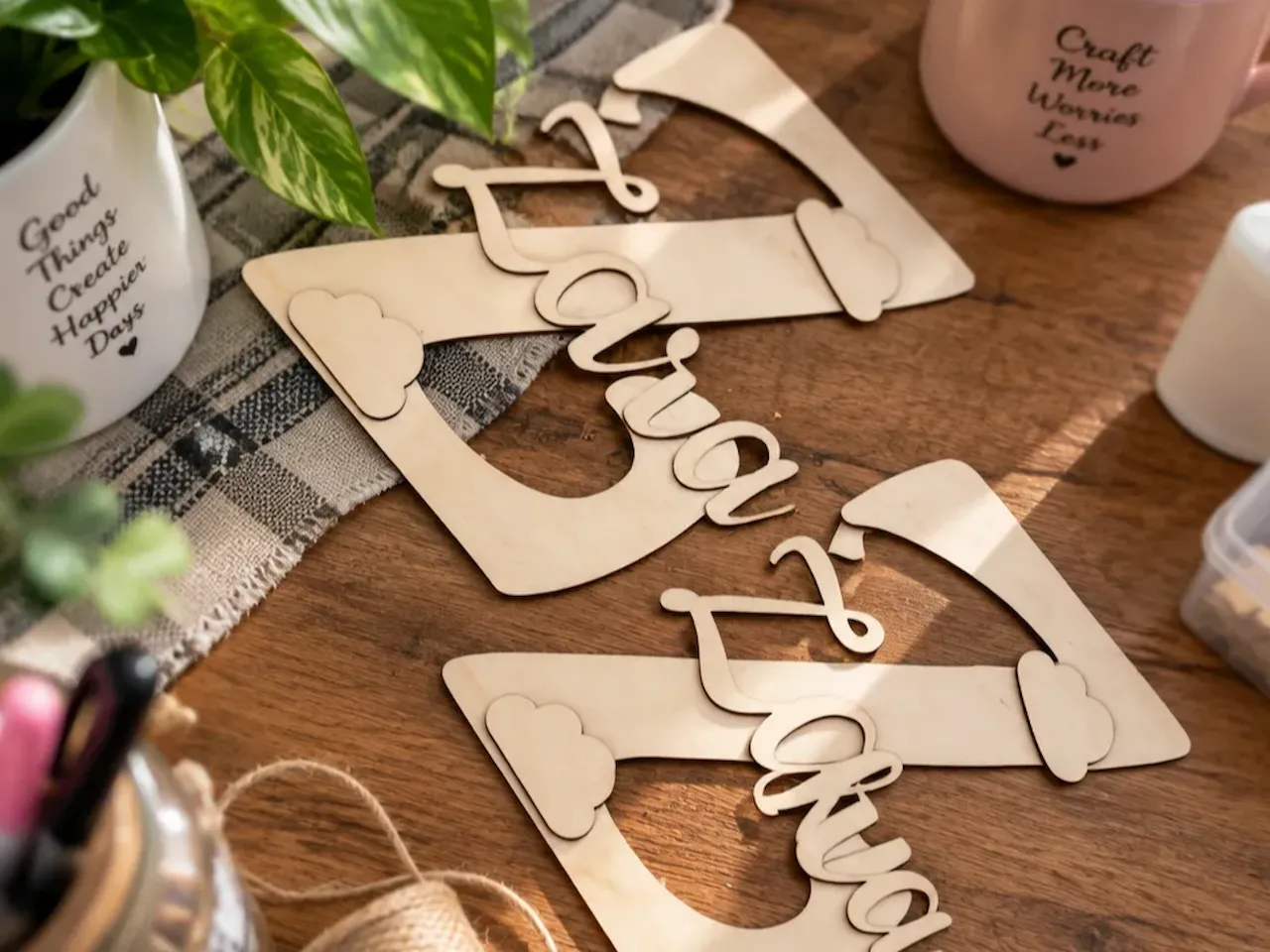 [Laser cut and engrave] Personalized Wooden Name Sign with Cloud Accents