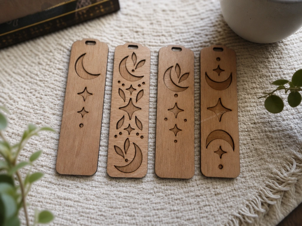 Celestial Moon and Star Wooden Bookmarks