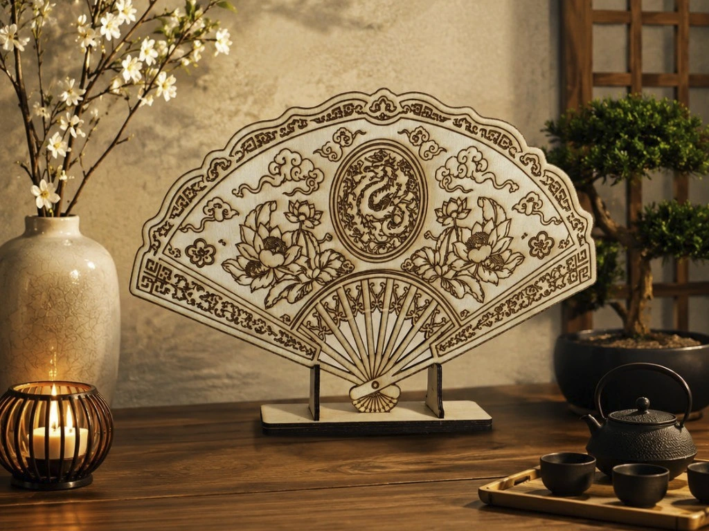 Éventail décoratif en bois avec motif de dragon et fleurs de lotus