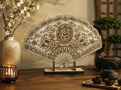 Éventail décoratif en bois avec motif de dragon et fleurs de lotus