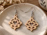 [Laser cut and engrave] Filigree Heart Drop Earrings in Natural Wood