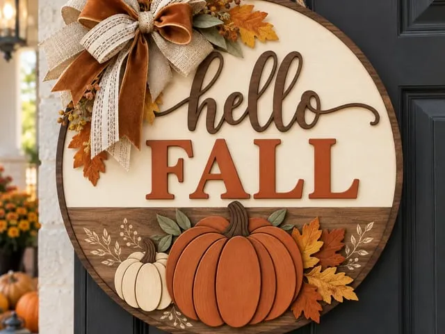 Hello Fall Round Door Sign with Pumpkin and Autumn Leaf Accents