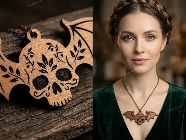 Floral Bat Skull Pendant Necklace