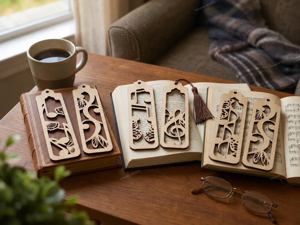 Wooden bookmarks with musical note and floral cutout patterns