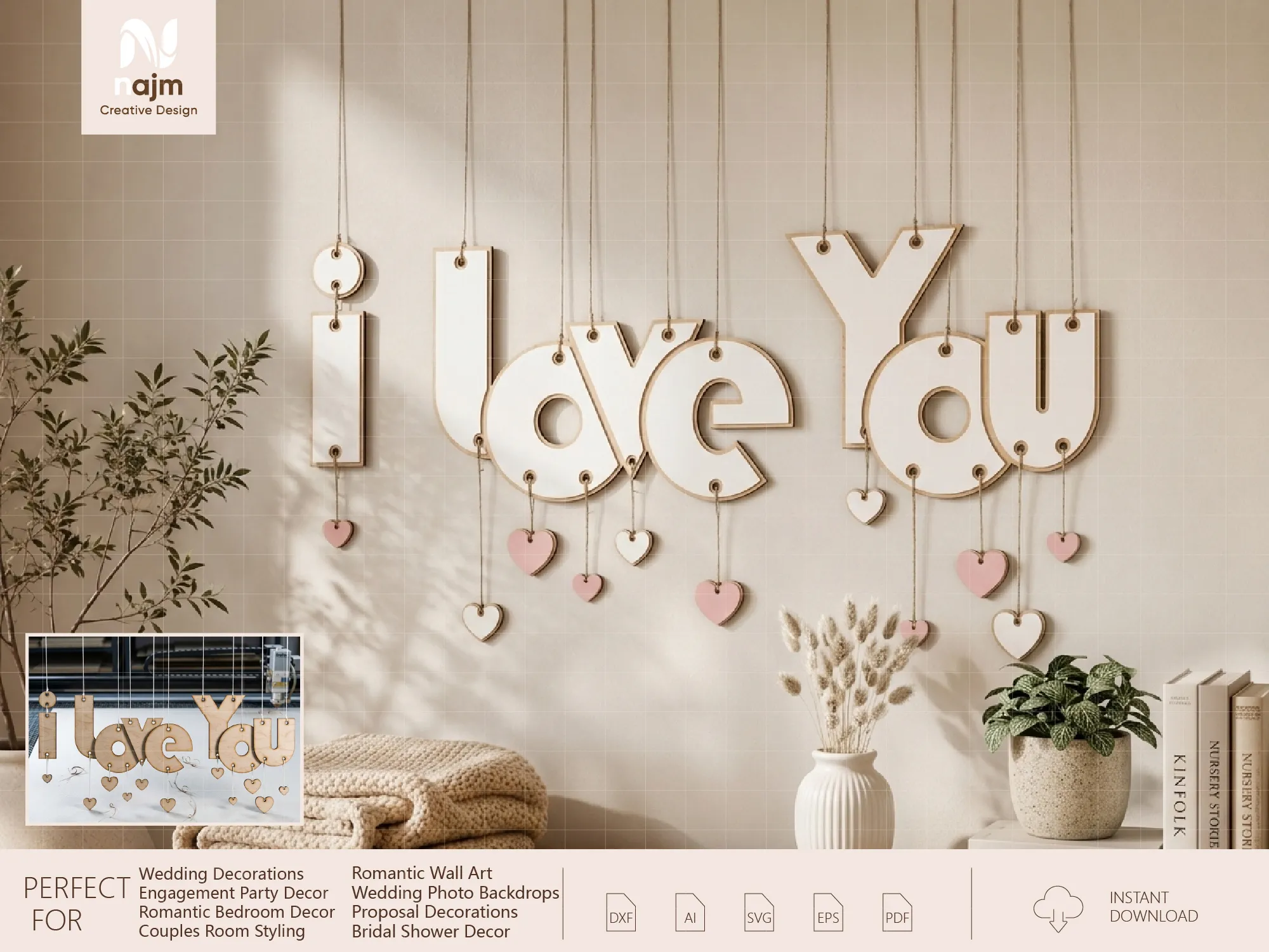 I Love You Hanging Wall Sign with Heart Accents