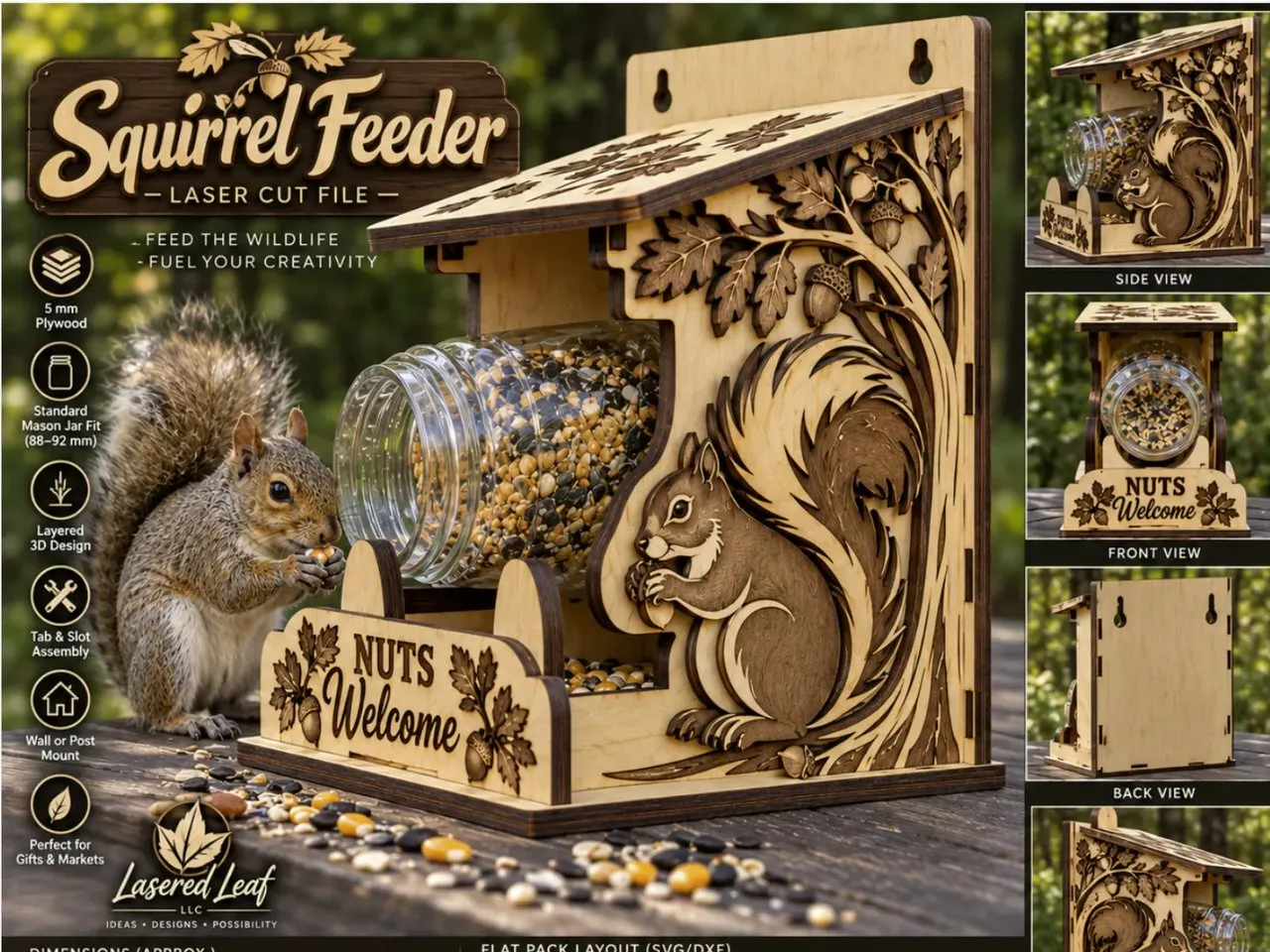 [Laser cut and engrave] Wooden Squirrel Feeder with Mason Jar and Acorn Motif