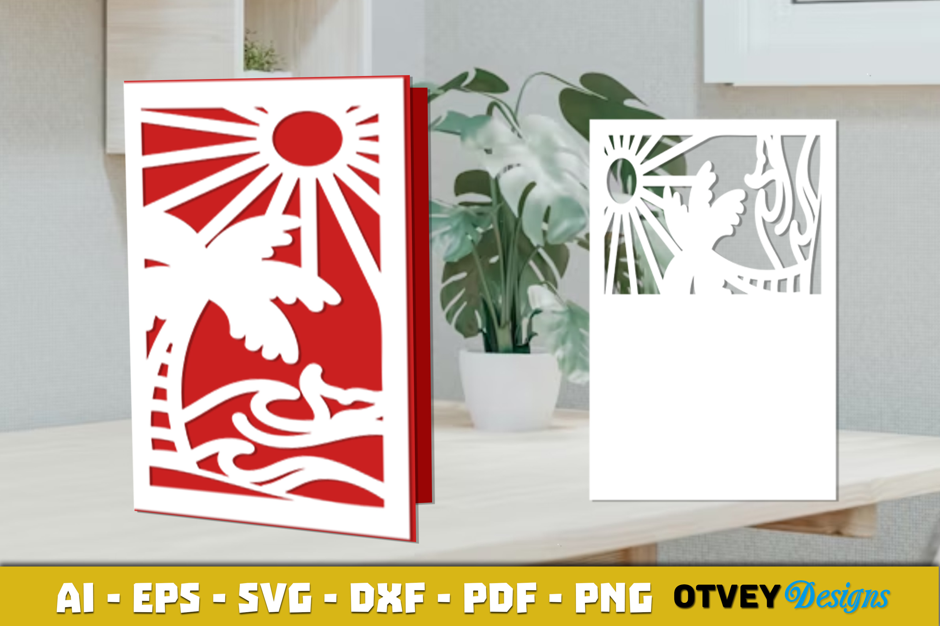 [Laser cut and engrave] Tropical beach scene greeting card with palm tree and sun motif