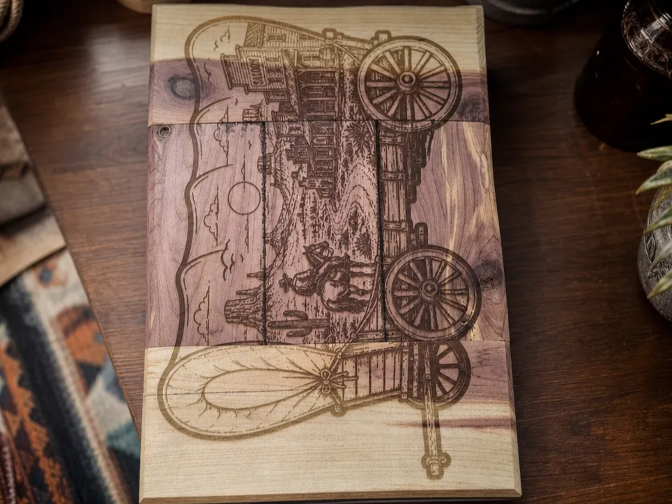 Western Frontier Scene Wooden Serving Board with Covered Wagon and Saloon