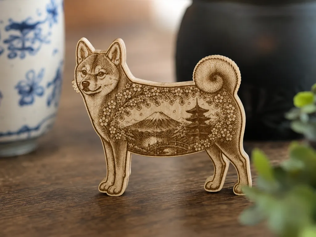 Shiba Inu Wooden Figurine Featuring Mount Fuji and Cherry Blossom Landscape