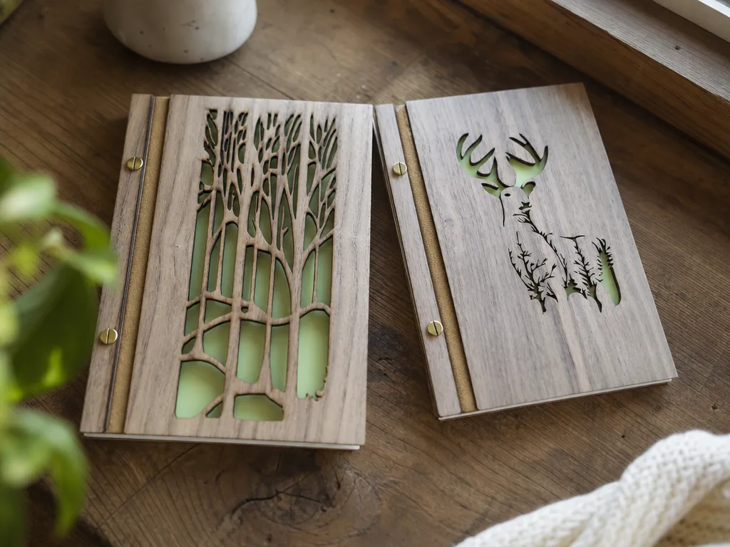 Walnut journals with forest and deer cutout covers