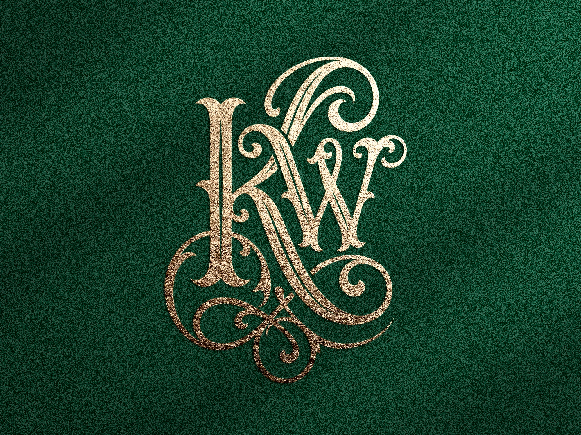 Monogramme doré avec initiales KW sur fond vert texturé