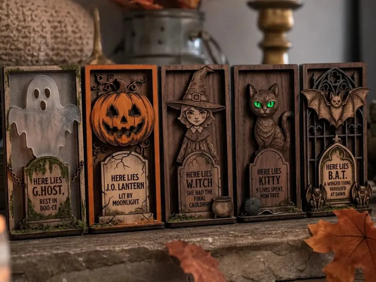 [Laser cut and engrave] Halloween Tombstone Figurines with Ghost, Pumpkin, Witch, Cat, and Bat Motifs