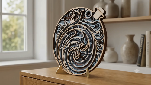 [Laser cut and engrave] Layered Wooden Ocean Wave Art in a Bottle Shape
