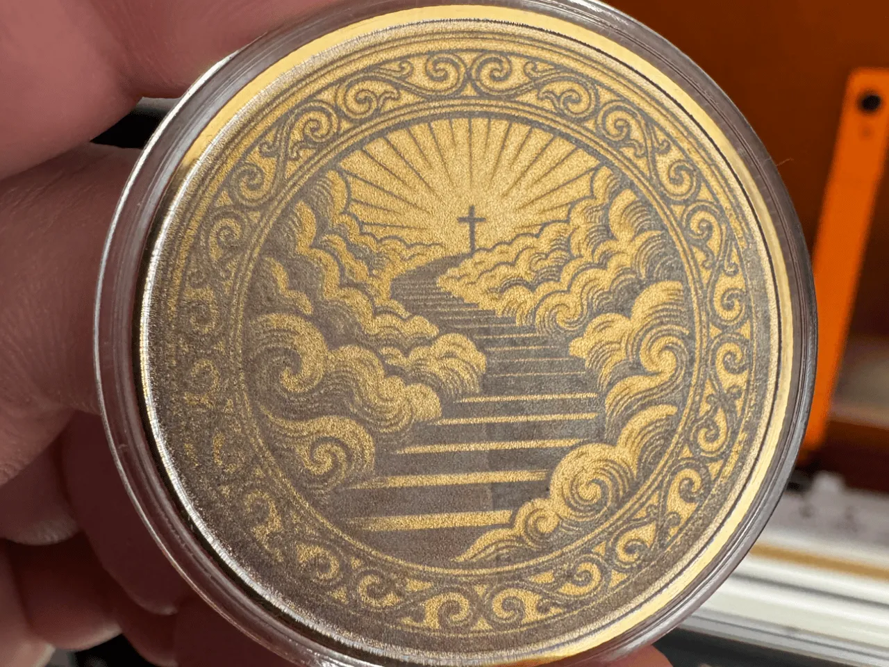 [Laser cut and engrave] Gold Coin Featuring Stairway to Heaven and Cross Motif