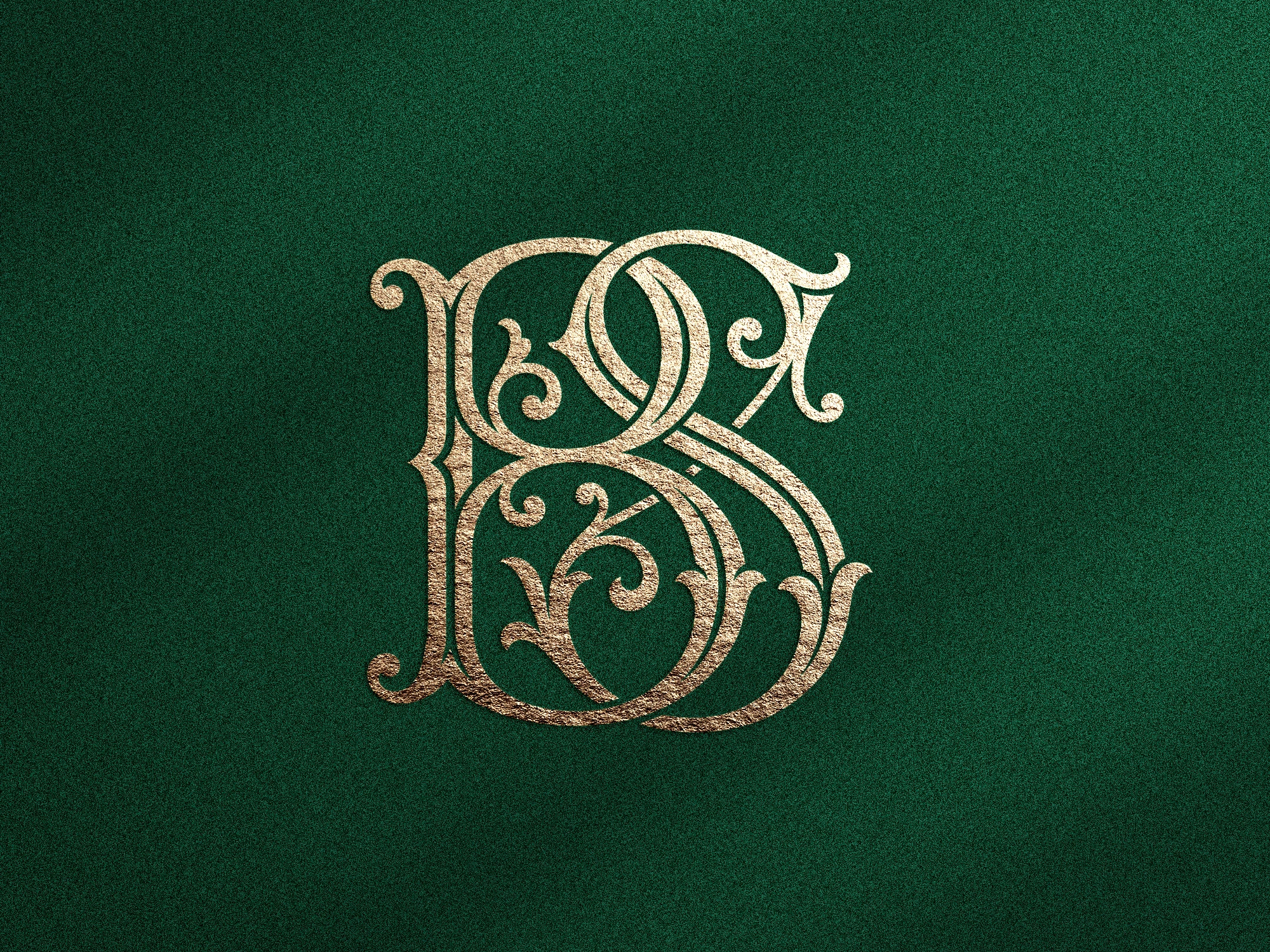 Monogramme doré avec lettres entrelacées B et S sur fond vert texturé