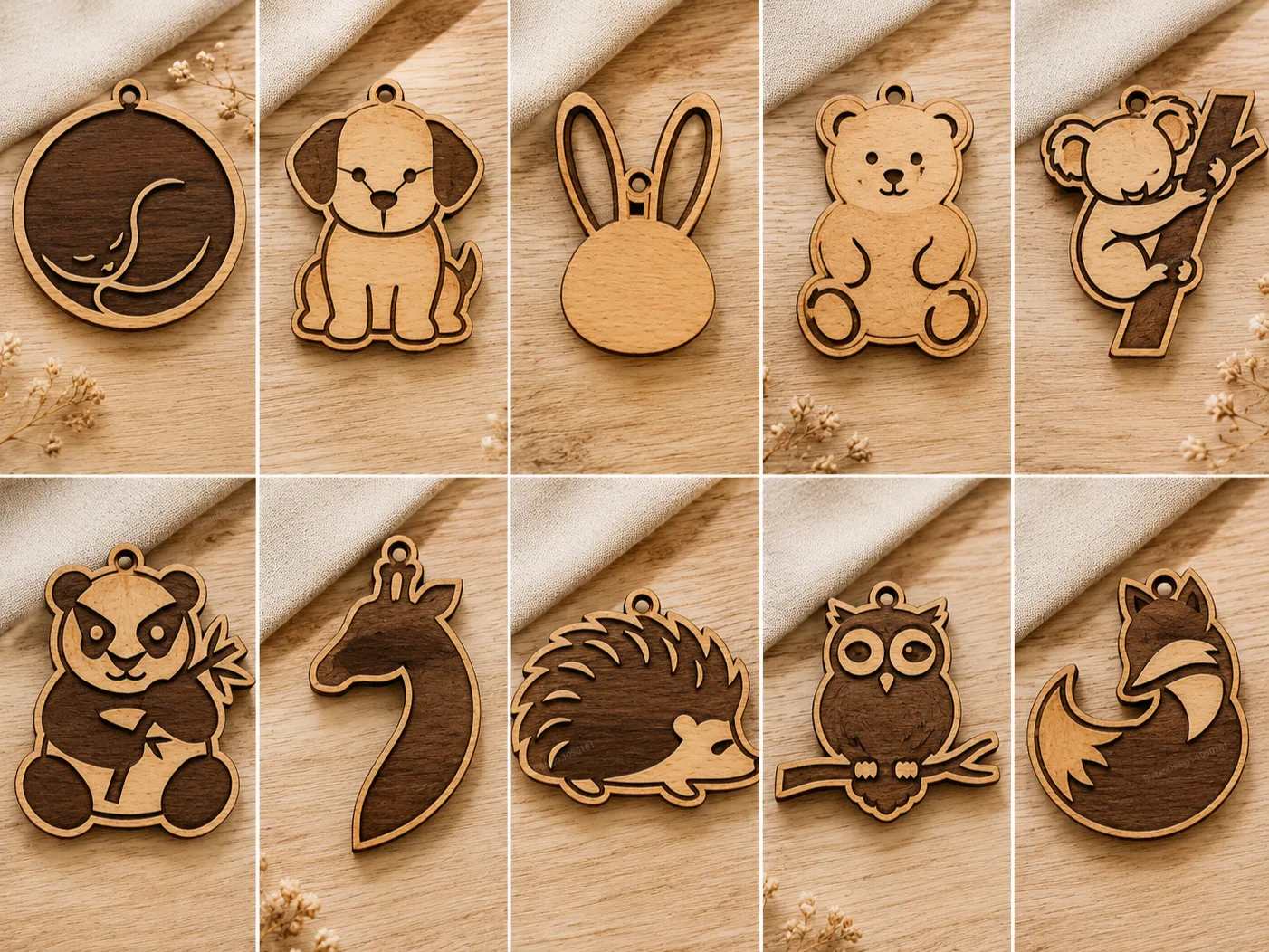 Set of Wooden Animal Shaped Hanging Ornaments