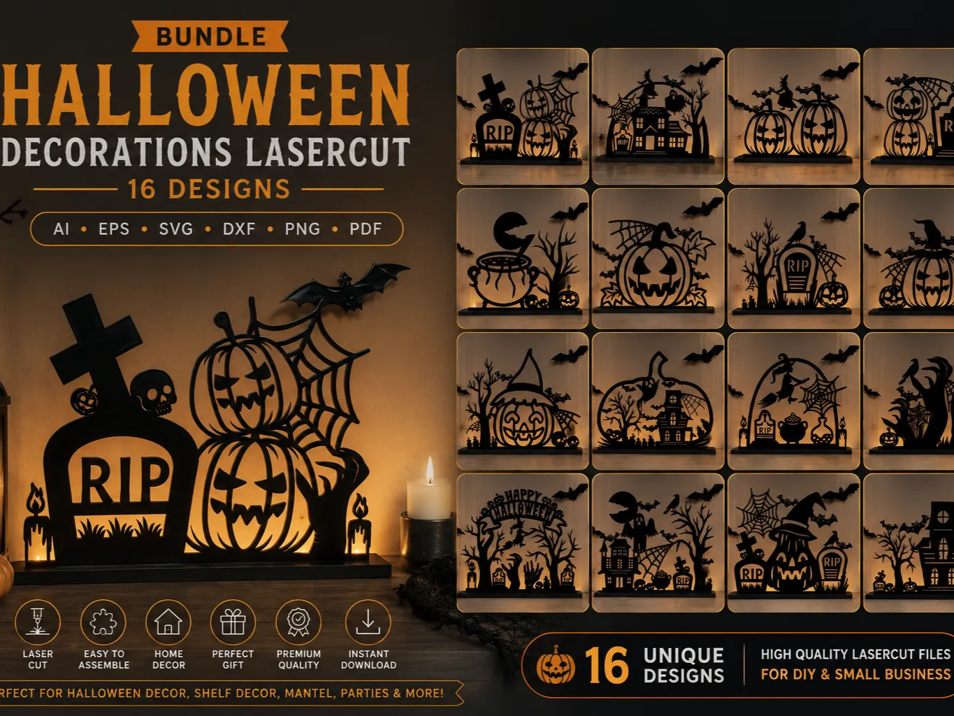 Halloween Decorations Bundle SVG | 16 Laser Cut Halloween Shelf Decor | Wooden Halloween Signs