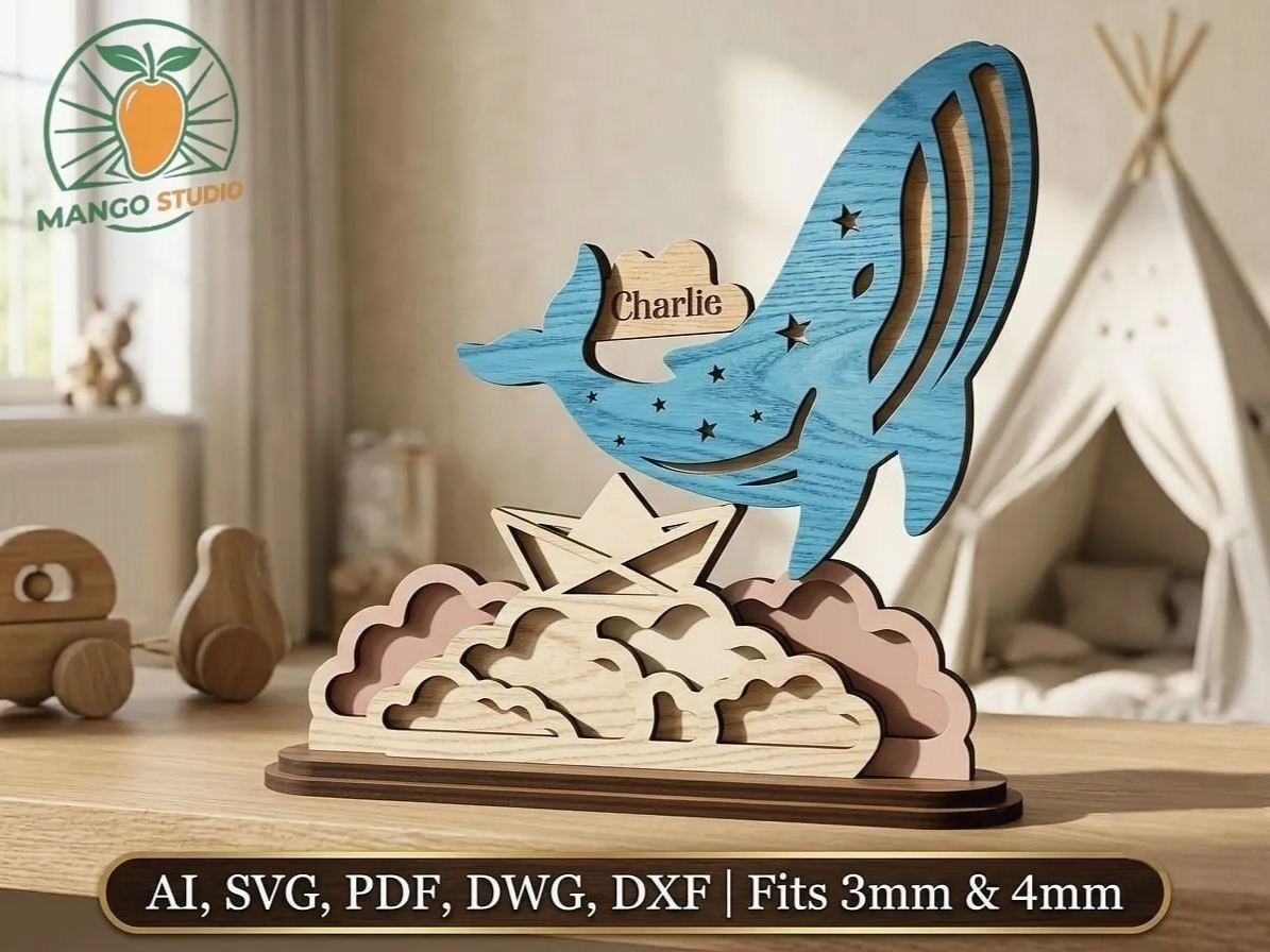 3D Whale Nursery Name Sign Laser Cut SVG