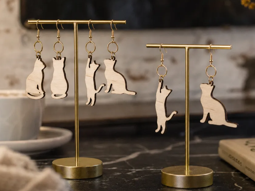 Wooden Cat Silhouette Dangle Earrings
