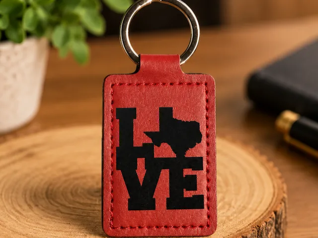 Red Leather Keychain with Texas Love Graphic