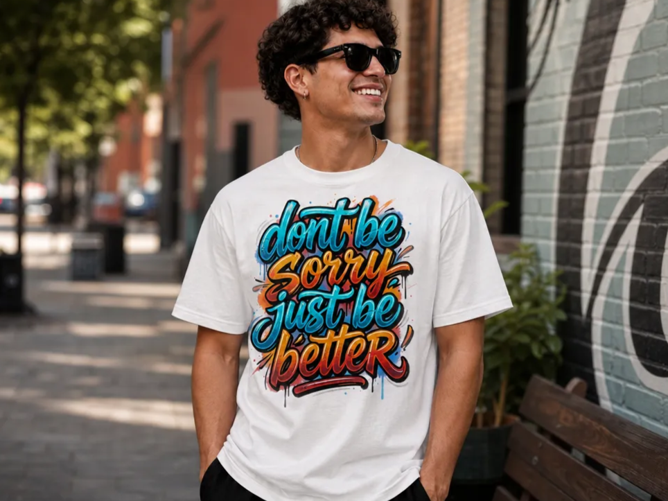 Letras de graffiti en capas impresas sobre una camiseta blanca