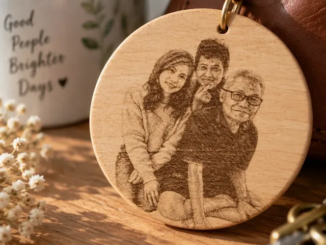 Round wooden keychain with family portrait
