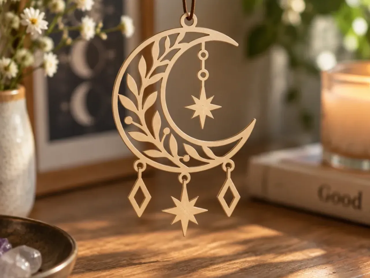 [Laser cut and engrave] Crescent Moon and Star Hanging Ornament with Leaf Motif