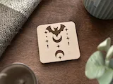[Laser cut and engrave] Square Wooden Coaster Featuring Celestial Bat and Moon Motif