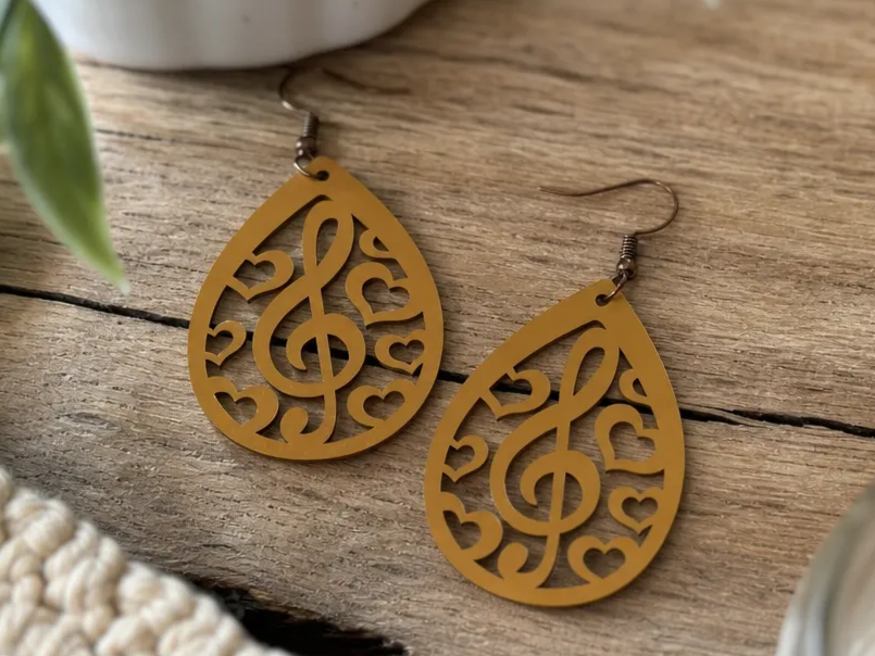 Teardrop Earrings with Treble Clef and Heart Cutouts